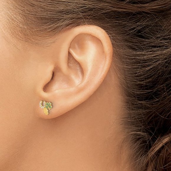 14K Yellow Gold Green and Clear CZ Clover Horseshoe and Hamsa Post Earrings - Picture 3 of 5